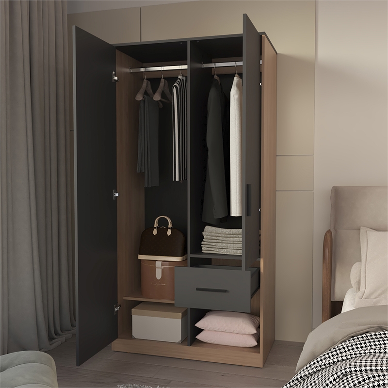 Pemberly Row Wardrobe with 2 Doors and Drawer in Matt Grey/Natural Oak