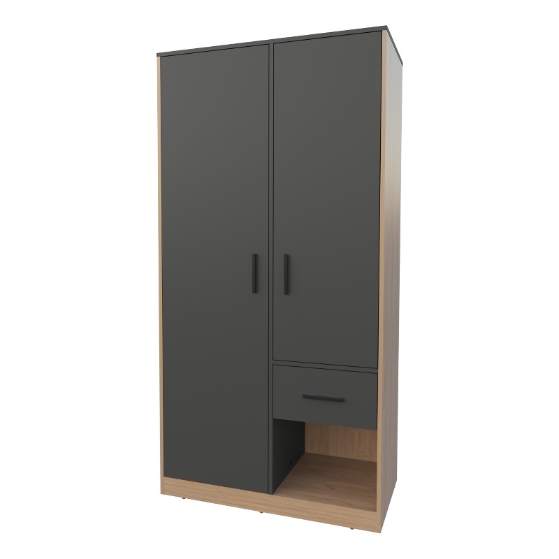 Pemberly Row Wardrobe with 2 Doors and Drawer in Matt Grey/Natural Oak