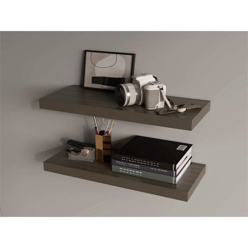 Pemberly Row Floating Wall Shelf Set of 2 Engineered Wood in Smokey Oak