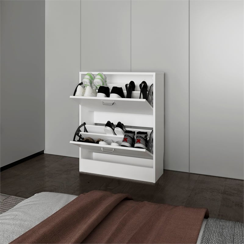 Pemberly Row Slim Shoe Cabinet with 2 Tilt-Out Doors in White