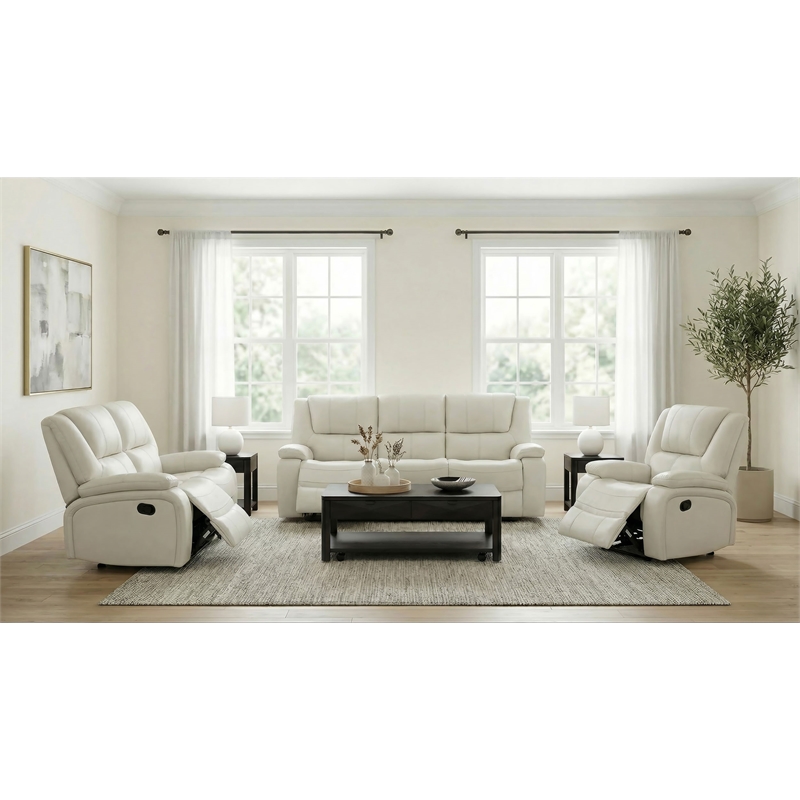 Pemberly Row 3-Piece Reclining Sofa Set with Glider in White Faux Leather