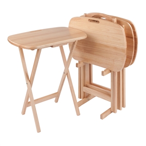 Pemberly Row Lucca 5pc Foldable Snack Table Set in Natural Wood Finish