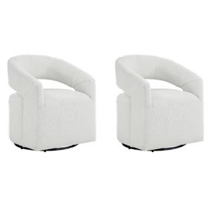 Pemberly Row Set of 2 Swivel Armchairs in White Boucle Fabric