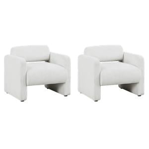 Pemberly Row Set of 2 White Boucle Fabric Armchairs with Rounded Corners