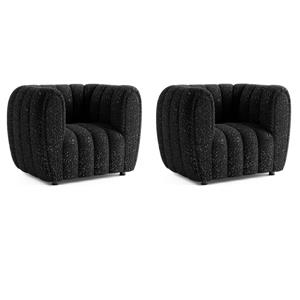 Pemberly Row Set of 2 Boucle Fabric Channel Tufted Arm Chairs in Black