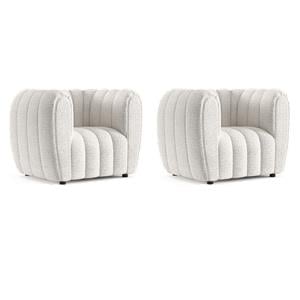 Pemberly Row Set of 2 Boucle Fabric Channel Tufted Arm Chairs in Off White