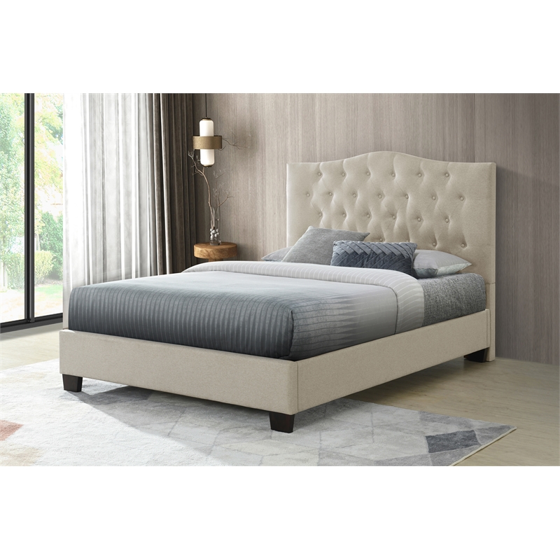 Pemberly Row Full Upholstered Platform Bed with Wooden Slats in Beige