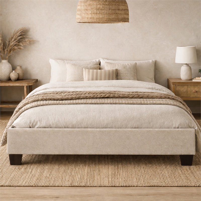 Pemberly Row Full Upholstered Platform Bed with Wooden Slats in Beige