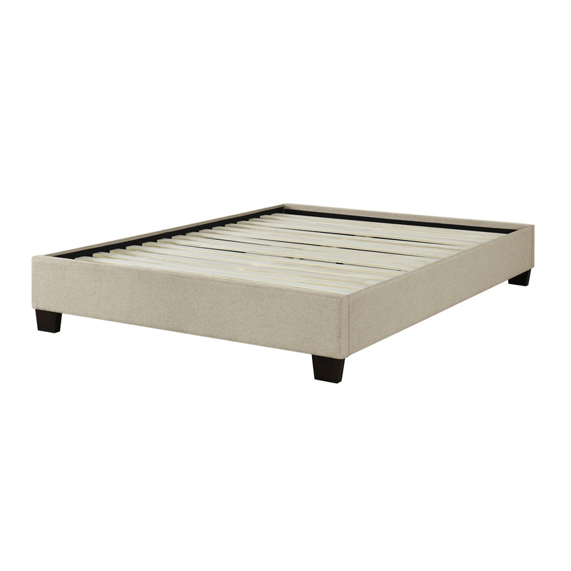 Pemberly Row Queen Upholstered Platform Bed with Wooden Slats in Beige
