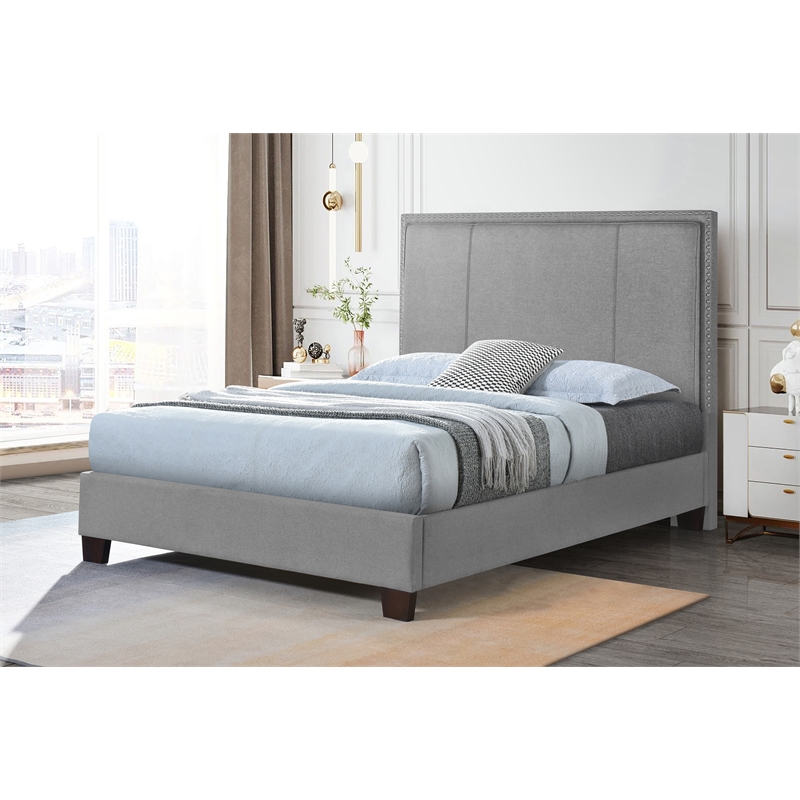 Pemberly Row King Upholstered Platform Bed with Wooden Slats in Gray