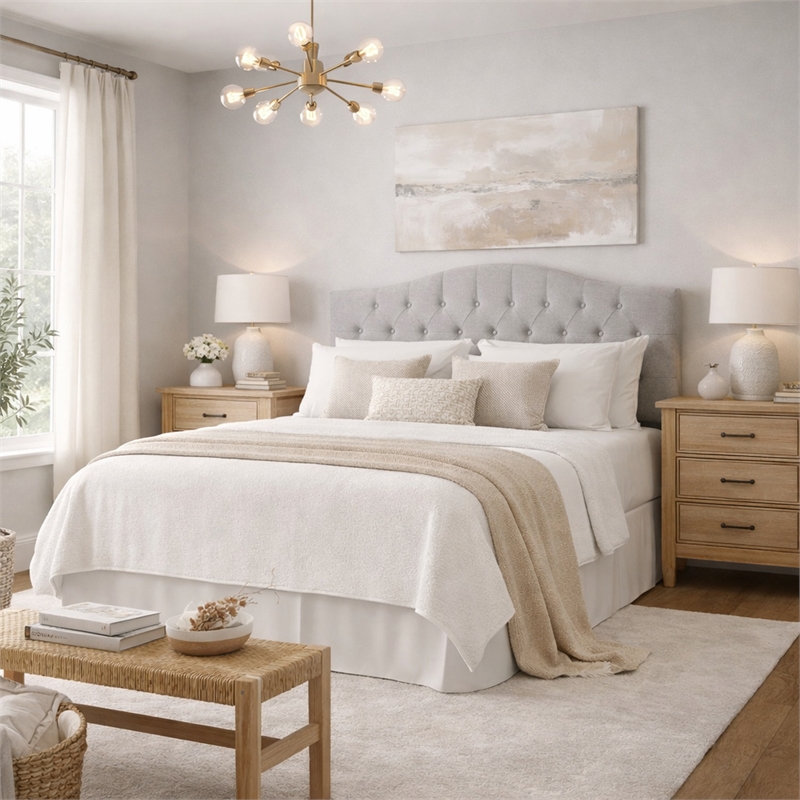Pemberly Row King Size Tufted Upholstered Fabric Headboard in Gray