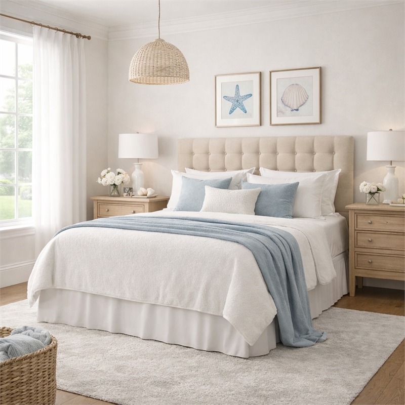 Pemberly Row Full/Queen Tufted Upholstered Fabric Headboard in Beige