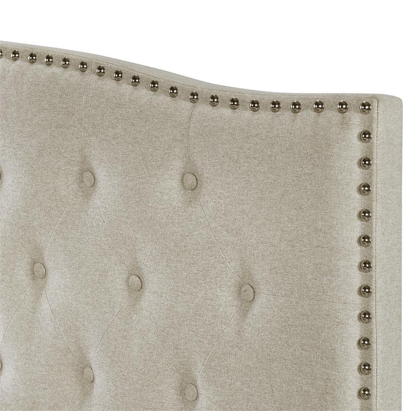 Pemberly Row Full/Queen Upholstered Nailhead Trim Headboard in Beige