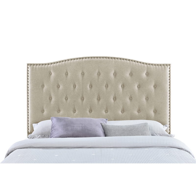 Pemberly Row King Size Upholstered Nailhead Trim Headboard in Beige