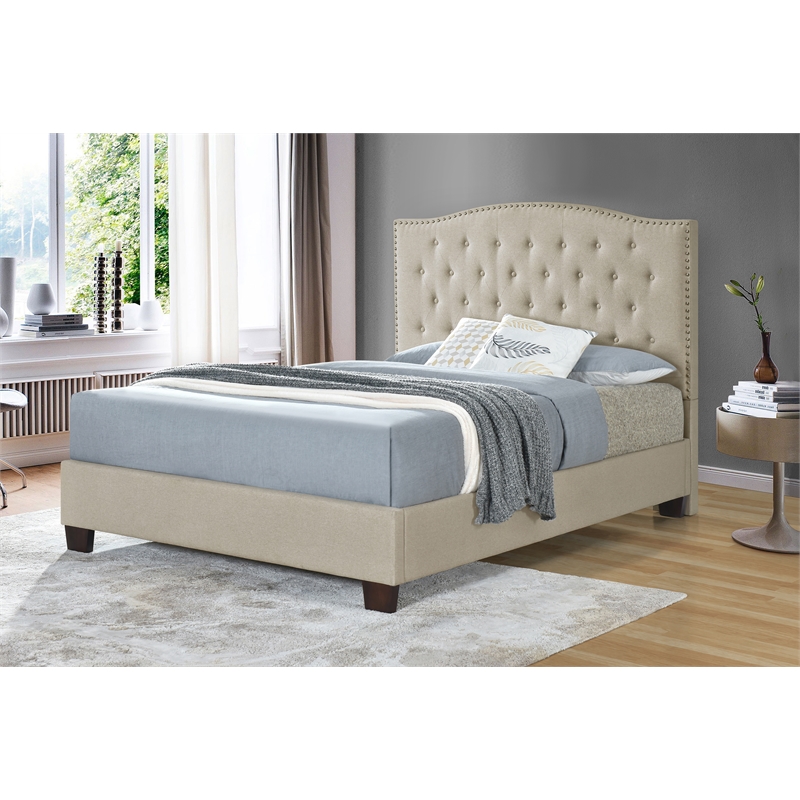Pemberly Row King Size Upholstered Nailhead Trim Headboard in Beige
