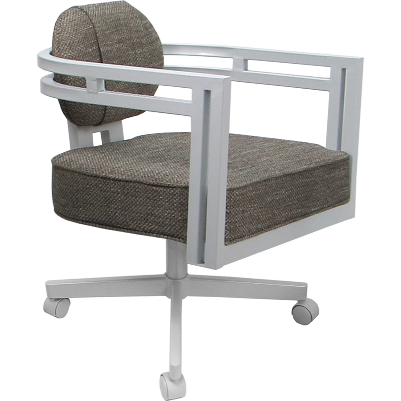 Pemberly Row White Swivel Dining Caster Chair in Plumley Cocoa Fabric