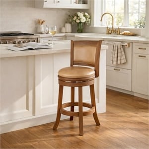 Pemberly Row Faux Leather Swivel Counter Stool in Maple Wire-Brush Finish