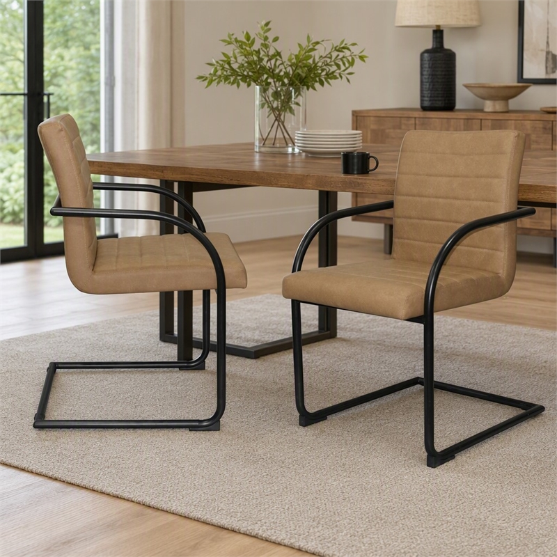 Pemberly Row Faux Leather Dining Chairs in Tan with Black Frame (Set of 2)