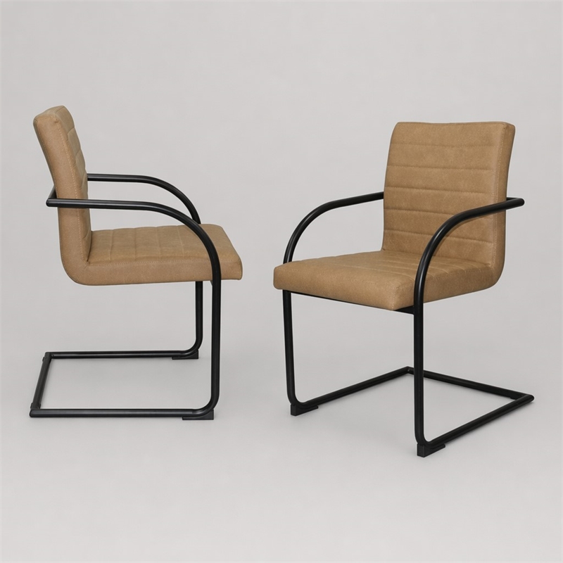 Pemberly Row Faux Leather Dining Chairs in Tan with Black Frame (Set of 2)