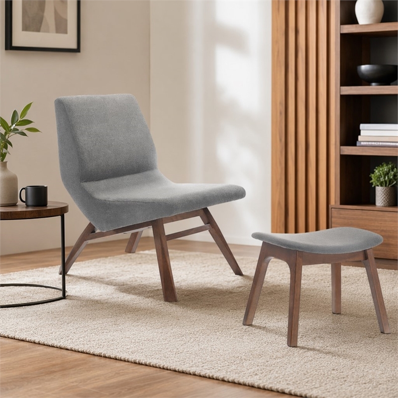 Pemberly Row Solid Wood & Fabric Accent Chair with Ottoman in Gray/Walnut