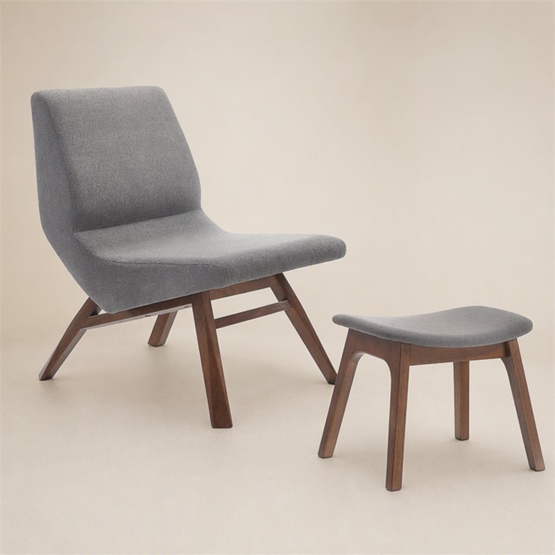 Pemberly Row Solid Wood & Fabric Accent Chair with Ottoman in Gray/Walnut