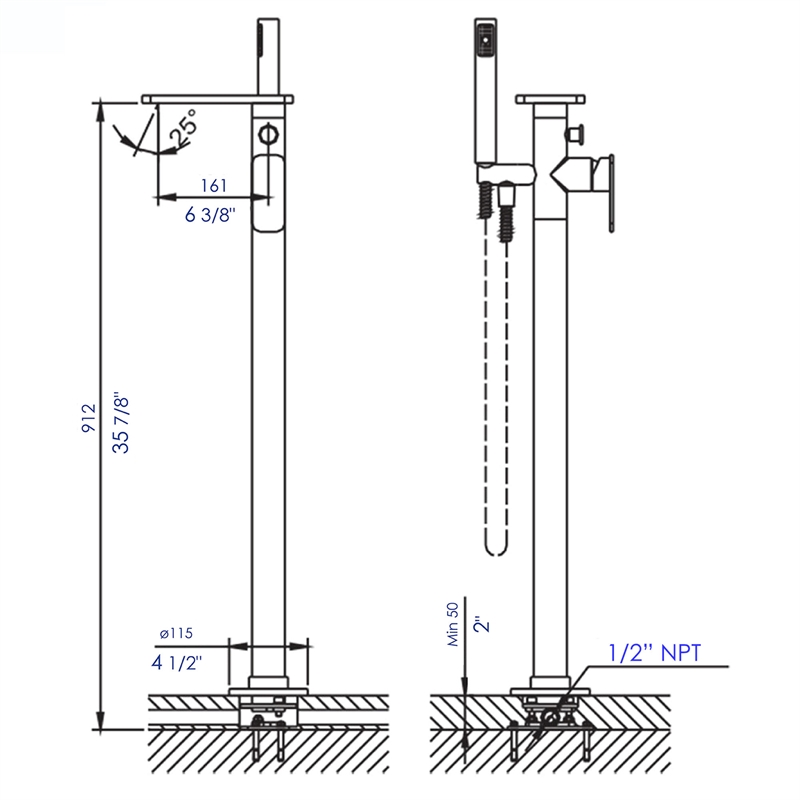 Pemberly Row Floor Mounted Bath Tub Filler in Polished Chrome Brass