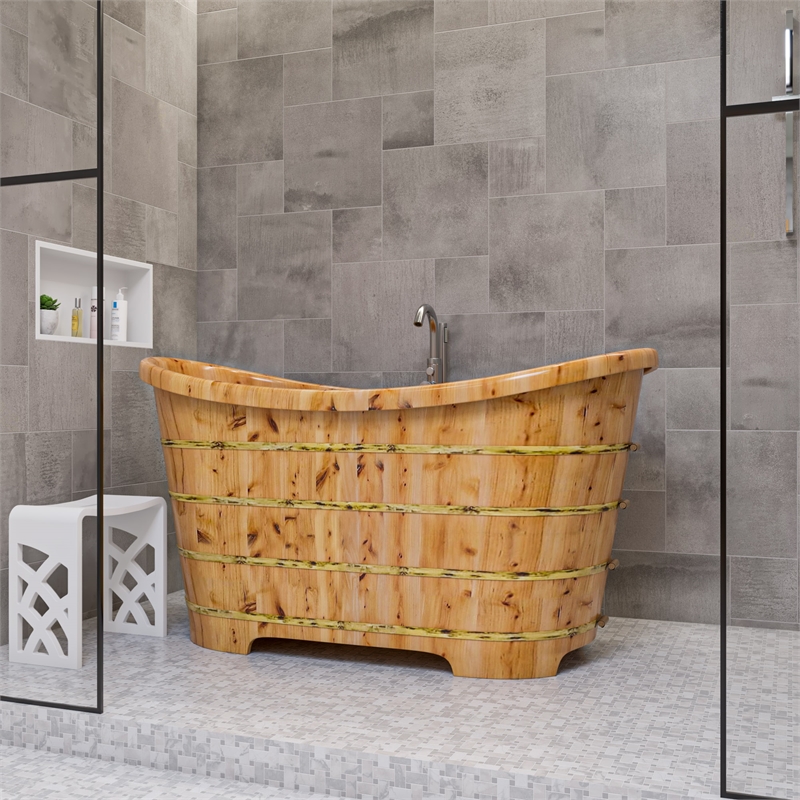 Pemberly Row 63 Inch Free Standing Cedar Wooden Bathtub in Natural