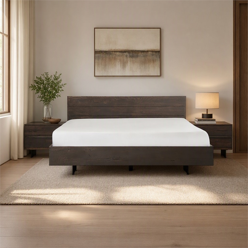 Pemberly Row Solid Aged Oak Queen Bed with Black Steel Legs in Brown