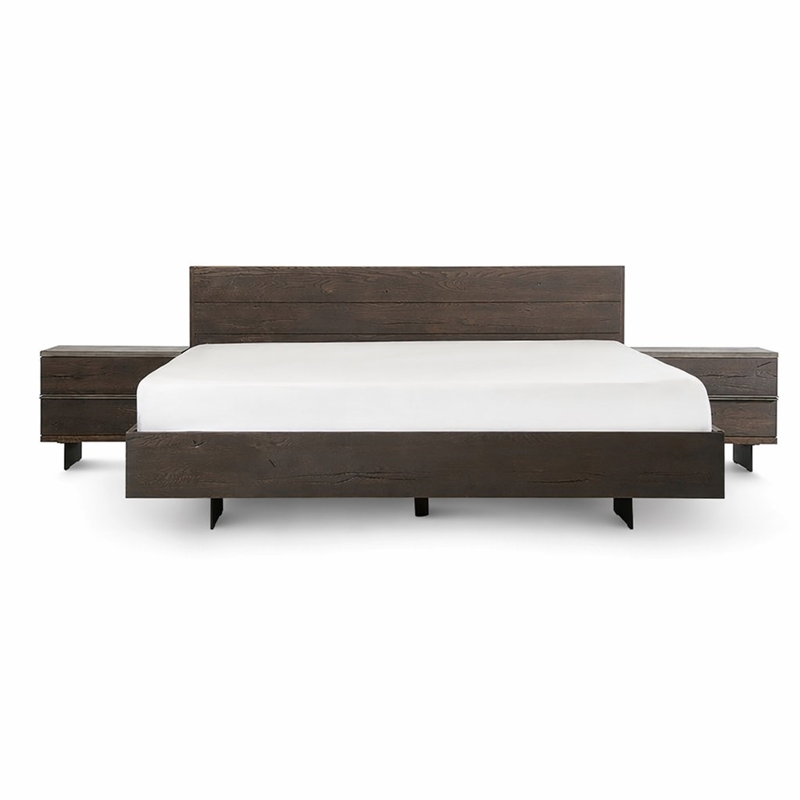 Pemberly Row Solid Aged Oak Queen Bed with Black Steel Legs in Brown