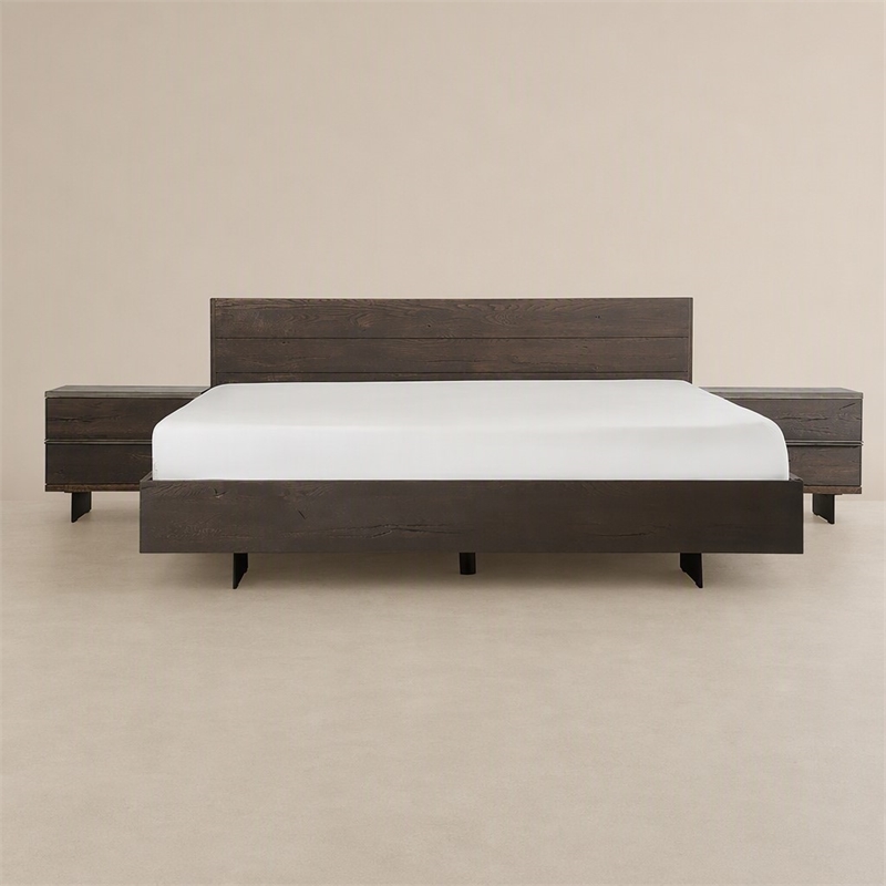 Pemberly Row Solid Aged Oak Queen Bed with Black Steel Legs in Brown