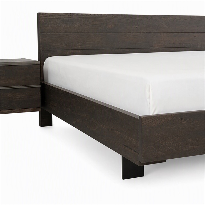 Pemberly Row Solid Aged Oak Queen Bed with Black Steel Legs in Brown