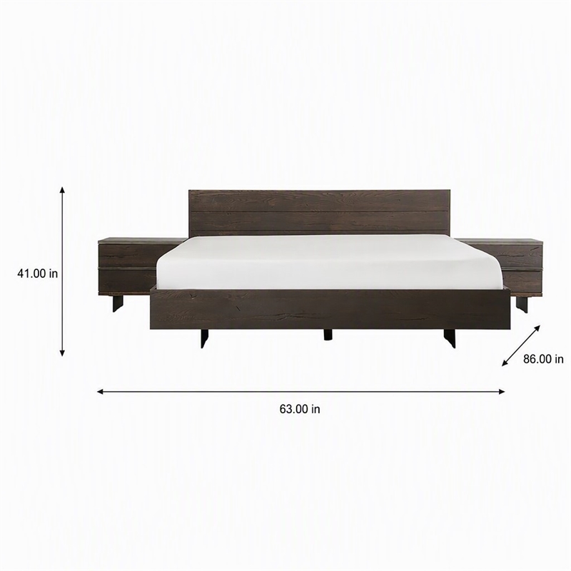 Pemberly Row Solid Aged Oak Queen Bed with Black Steel Legs in Brown