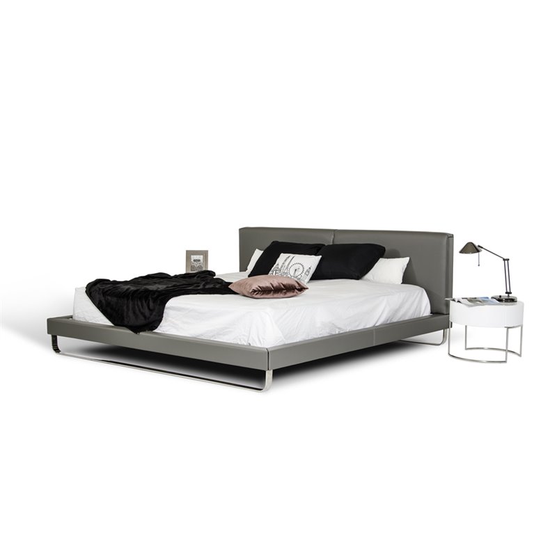 Pemberly Row Gray Faux Leather Queen Bed with Stainless Steel Accent