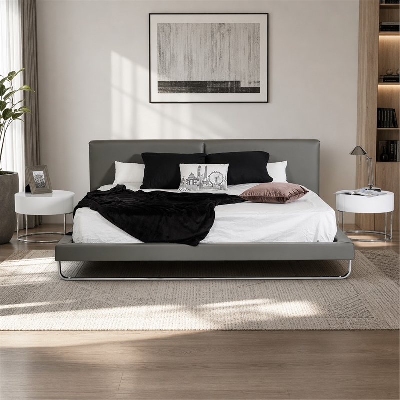 Pemberly Row Gray Faux Leather Queen Bed with Stainless Steel Accent