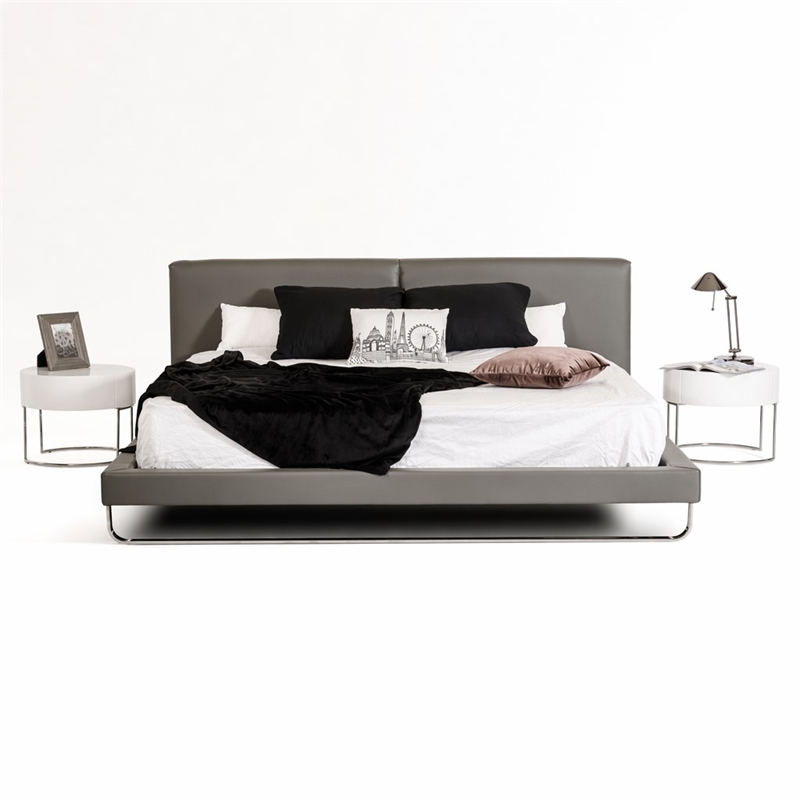 Pemberly Row Gray Faux Leather Queen Bed with Stainless Steel Accent