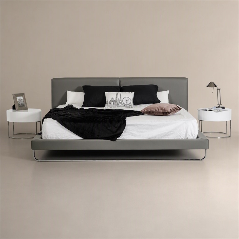 Pemberly Row Gray Faux Leather Queen Bed with Stainless Steel Accent