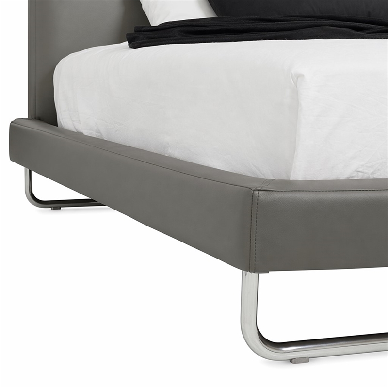 Pemberly Row Gray Faux Leather Queen Bed with Stainless Steel Accent