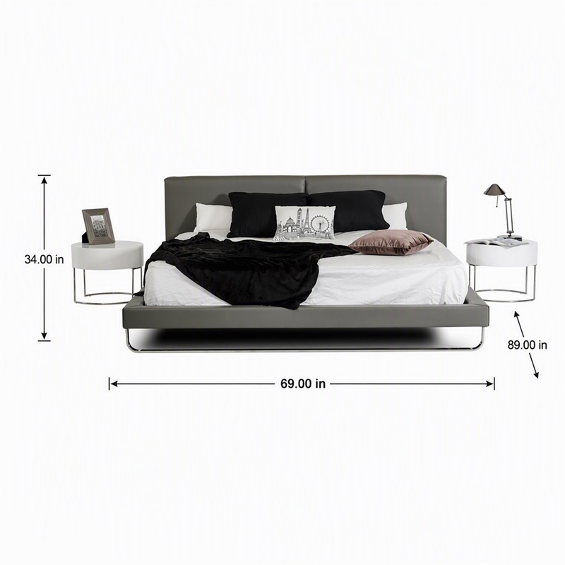 Pemberly Row Gray Faux Leather Queen Bed with Stainless Steel Accent