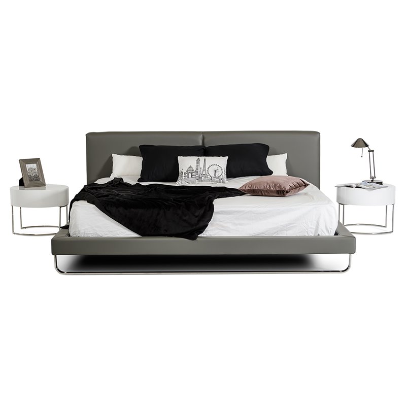 Pemberly Row Gray Faux Leather Queen Bed with Stainless Steel Accent
