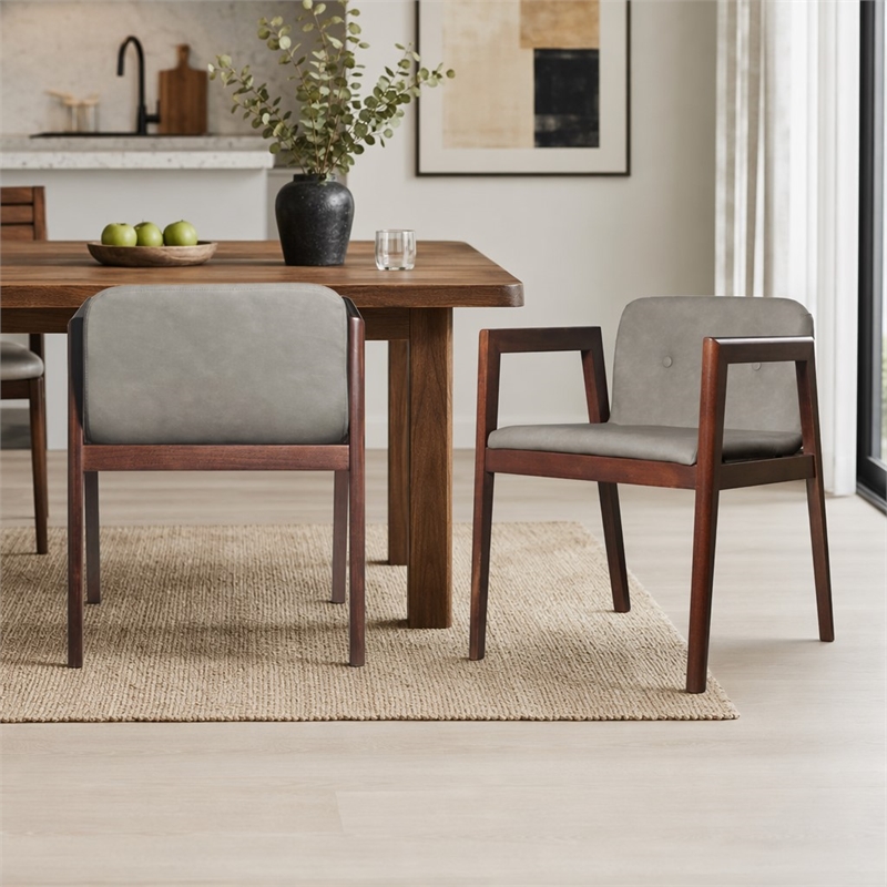 Pemberly Row Walnut Wood Dining Chairs with Gray Upholstery (Set of 2)