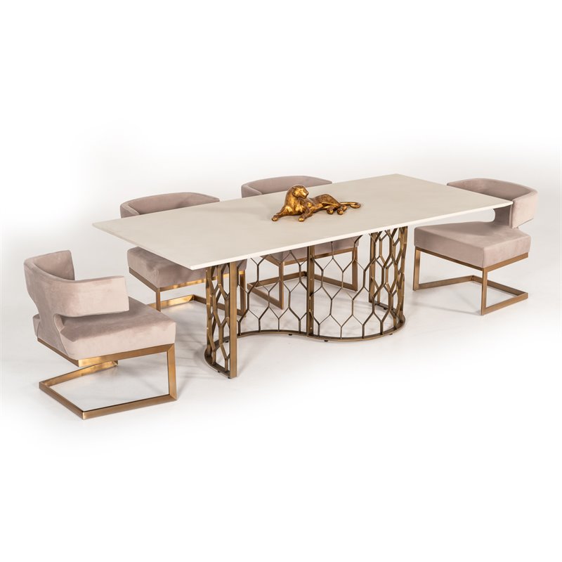 Pemberly Row Metal and Concrete Dining Table in White & Antique Brass