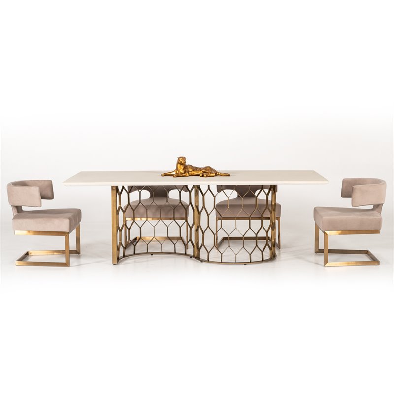 Pemberly Row Metal and Concrete Dining Table in White & Antique Brass
