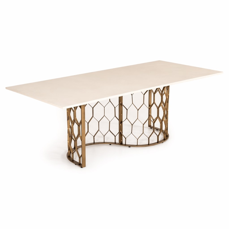 Pemberly Row Metal and Concrete Dining Table in White & Antique Brass