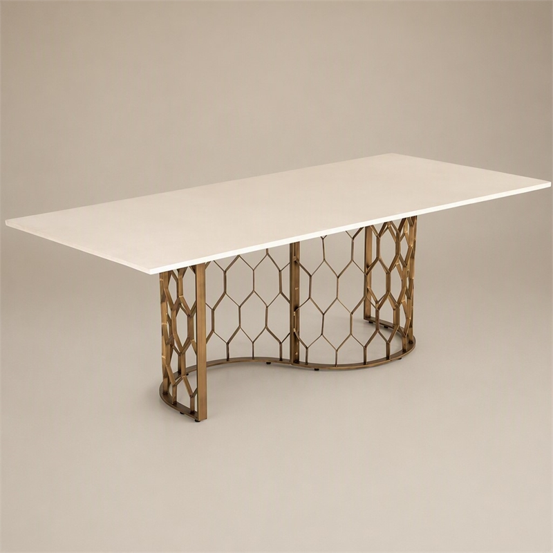 Pemberly Row Metal and Concrete Dining Table in White & Antique Brass