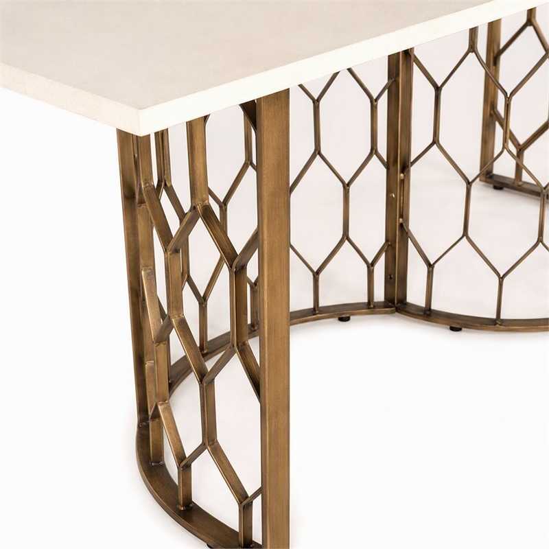 Pemberly Row Metal and Concrete Dining Table in White & Antique Brass