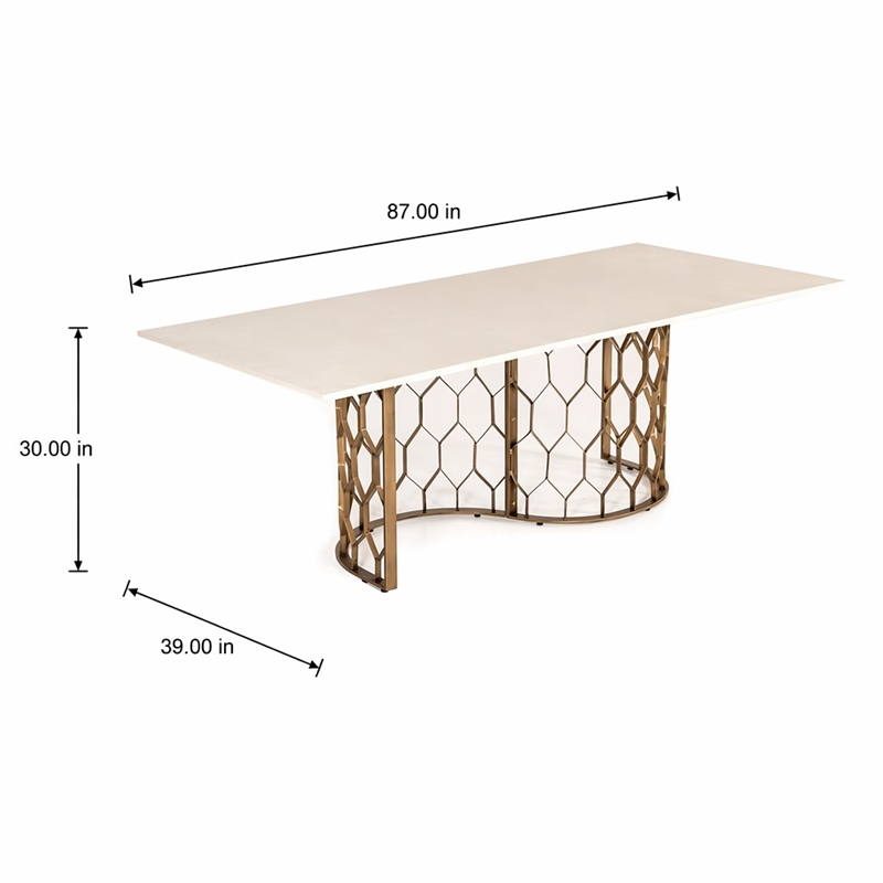 Pemberly Row Metal and Concrete Dining Table in White & Antique Brass