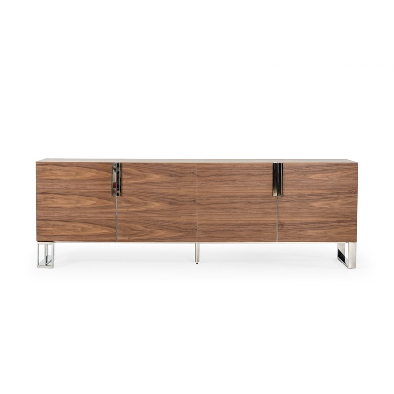 Pemberly Row Walnut 4-Door Wood and Stainless Steel Buffet with Shelves