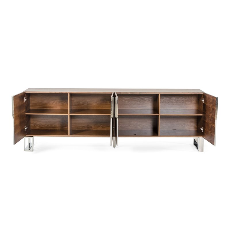 Pemberly Row Walnut 4-Door Wood and Stainless Steel Buffet with Shelves