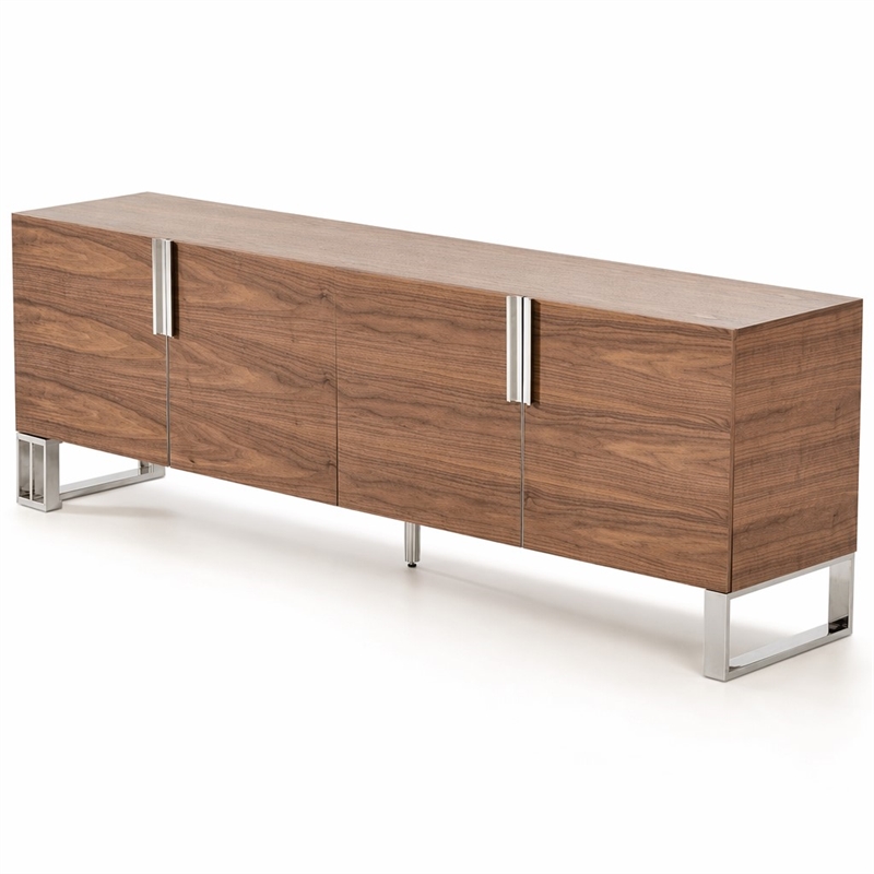 Pemberly Row Walnut 4-Door Wood and Stainless Steel Buffet with Shelves
