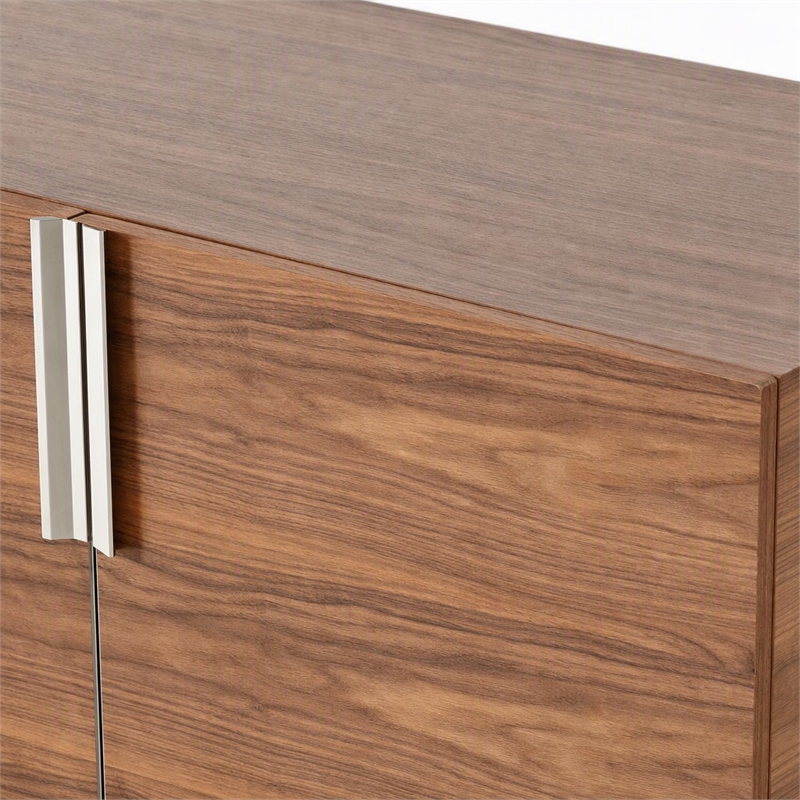 Pemberly Row Walnut 4-Door Wood and Stainless Steel Buffet with Shelves
